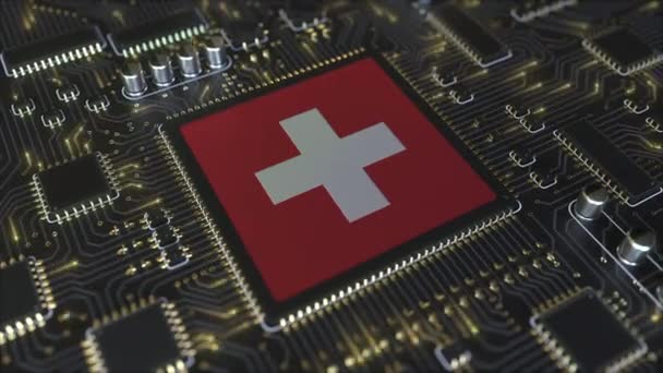Flaga Szwajcarii na chipsecie operacyjnym. Szwajcarska technologia informatyczna lub związana z rozwojem sprzętu animacja koncepcyjna 3D — Wideo stockowe