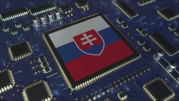 Národní vlajka Slovenska na operační čipové sadě. Slovenská informační technologie nebo koncepční 3D animace související s vývojem hardwaru — Stock video