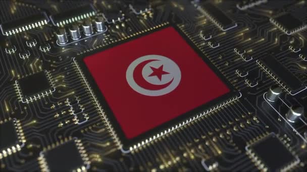 National flag of Tunisia on the operating chipset. Tunisian information technology or hardware development related conceptual 3D animation — Stock Video