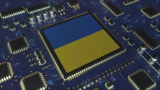 Nationalflagge der Ukraine auf dem Chipsatz. Ukrainische Informationstechnologie oder Hardware-Entwicklung im Zusammenhang mit konzeptionellen 3D-Animationen — Stockvideo