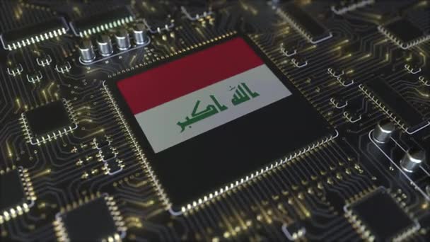 Nationale vlag van Irak op de operationele chipset. Iraakse informatietechnologie of hardware ontwikkeling gerelateerde conceptuele 3D-animatie — Stockvideo