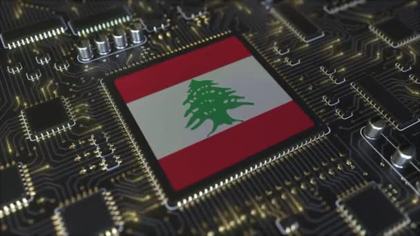 操作チップセット上のレバノンの国旗。レバノンの情報技術やハードウェア開発関連の概念3Dアニメーション — ストック動画