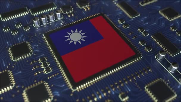 Nationale vlag van Taiwan op de operationele chipset. Taiwanese informatietechnologie of hardware ontwikkeling gerelateerde conceptuele 3D-animatie — Stockvideo