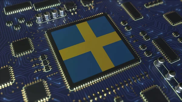 Bandera nacional de Suecia en el chipset operativo. Tecnología de la información sueca o desarrollo de hardware relacionado con renderizado 3D conceptual — Foto de Stock