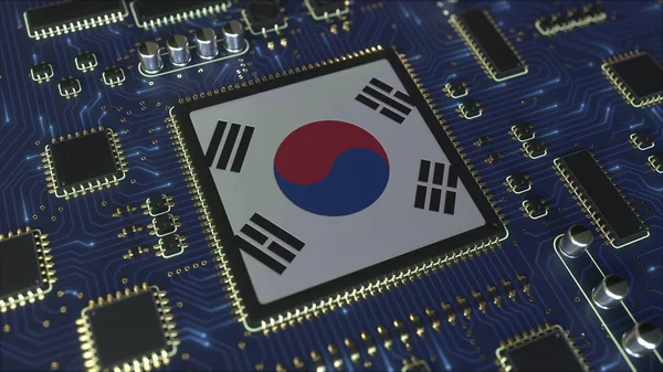 Flagge Südkoreas auf dem Chipsatz. Koreanische Informationstechnologie oder Hardware-Entwicklung im Zusammenhang mit konzeptionellem 3D-Rendering — Stockfoto