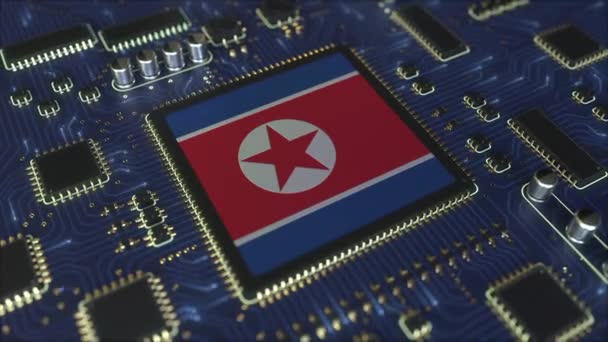 Flagga Norht Korea på den operativa chipset. Datateknik eller hårdvaruutveckling relaterad konceptuell 3D-animation — Stockvideo