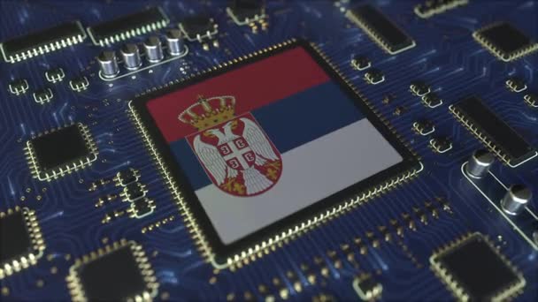 Flaga narodowa Serbii na chipsecie operacyjnym. Serbska animacja konceptualna 3D związana z technologią informatyczną lub rozwojem sprzętu — Wideo stockowe