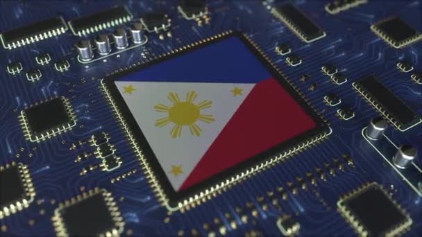 Флаг Филиппин на действующем чипсете. Концептуальная 3D анимация, связанная с разработкой информационных технологий или оборудования — стоковое видео