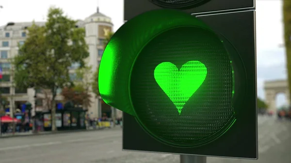 Herzsymbol auf grünem Ampelsignal. Beziehungsbezogene konzeptionelle 3D-Darstellung — Stockfoto