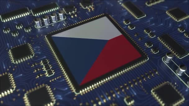 Vlag van de Tsjechische Republiek op de operationele chipset. Informatietechnologie of hardware ontwikkeling gerelateerde conceptuele 3D animatie — Stockvideo