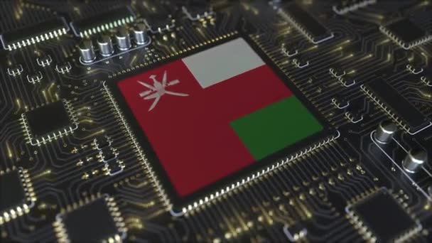 Národní vlajka Ománu na operačním čipsetu. Omani informační technologie nebo vývoj hardwaru související konceptuální 3D animace — Stock video