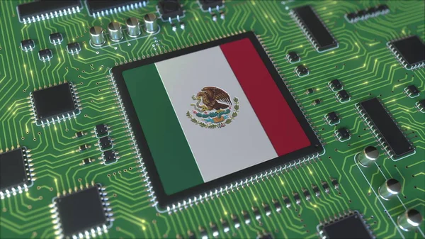 Государственный флаг Мексики на действующем чипсете. Концептуальная трехмерная рендеринг мексиканских информационных технологий или оборудования — стоковое фото