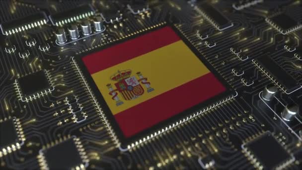 Bendera nasional Spanyol pada chipset operasi. Teknologi informasi Spanyol atau pengembangan perangkat keras terkait animasi 3D konseptual — Stok Video