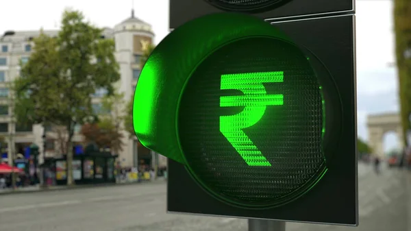 Rupie-Schild an grüner Ampel. Devisenbezogene konzeptionelle 3D-Darstellung — Stockfoto