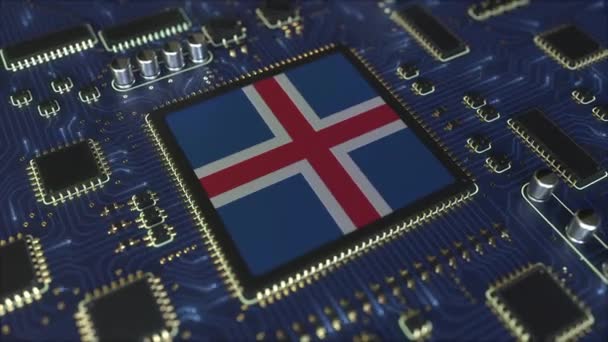 开始运转的芯片组上悬挂冰岛国旗。 冰岛信息技术或硬件开发相关概念3D动画 — 图库视频影像