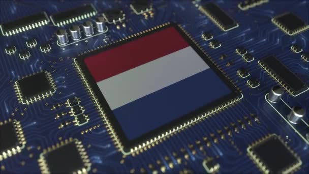 Flagge der Niederlande auf dem Betriebschipsatz. holländische Informationstechnologie oder Hardwareentwicklung im Zusammenhang mit konzeptioneller 3D-Animation — Stockvideo