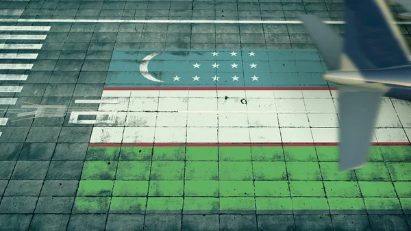 Вид с воздуха на посадочный самолет и флаг Узбекистана на аэродроме аэропорта. Концептуальный 3D рендеринг — стоковое фото