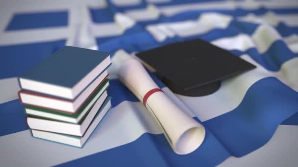 Graduation cap, books and diploma on the Greek flag. Higher education in Greece related conceptual 3D animation — Stock Video