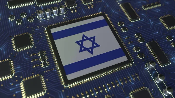 Flaga Izraela na działającym chipsecie. Izraelska technologia informatyczna lub rozwój sprzętu związane koncepcyjny 3d rendering — Zdjęcie stockowe