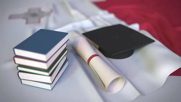 Ballagási sapka, könyvek és oklevelek a máltai zászlóról. Felsőoktatás Máltán kapcsolódó konceptuális 3d renderelés — Stock Fotó