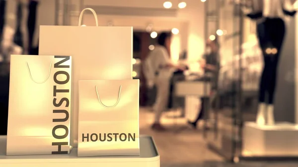 带有休斯顿文字的购物袋。 在美国购物相关概念3D渲染 — 图库照片