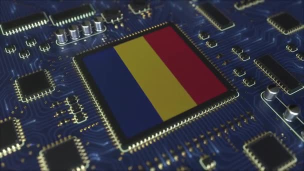 Nationalflagge Rumäniens auf dem Chipsatz. Rumänische Informationstechnologie oder Hardwareentwicklung im Zusammenhang mit konzeptioneller 3D-Animation — Stockvideo