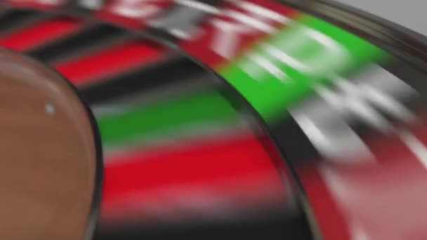 Bal in roebel teken zak op casino roulette wiel. Conceptuele 3D-animatie — Stockvideo