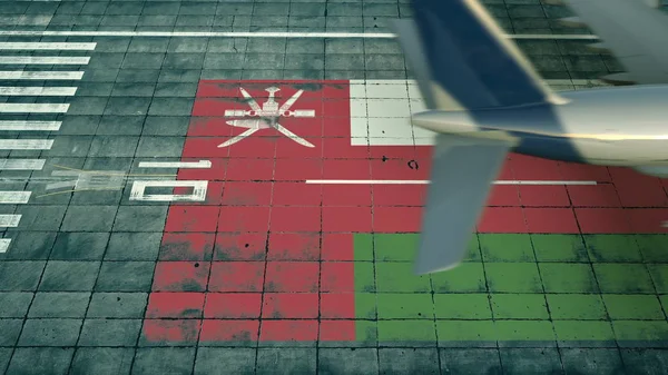 Vista aérea de un avión de aterrizaje y bandera de Omán en el aeródromo de un aeropuerto. Representación 3D conceptual relacionada con los viajes aéreos — Foto de Stock