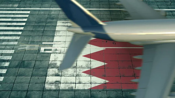 Вид с воздуха на посадочный самолет и флаг Бахрейна на аэродроме аэропорта. Концептуальный 3D рендеринг — стоковое фото