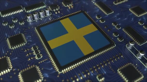 Schwedische Nationalflagge auf dem Chipsatz. Schwedische Informationstechnologie oder Hardwareentwicklung im Zusammenhang mit konzeptioneller 3D-Animation — Stockvideo