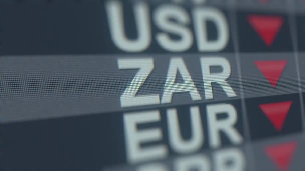 コンピュータ画面上の南アフリカランド為替指標を減少させます。Zar Forex tickerループ可能な3Dアニメーション — ストック動画