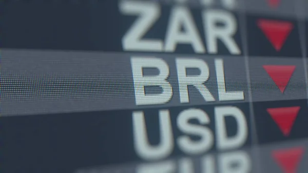 Baisse de l'indicateur de taux de change Real brésilien sur l'écran de l'ordinateur. BRL forex ticker rendu 3D — Photo