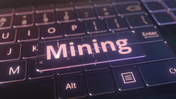 Gelecekçi bilgisayar klavyesi ve şeffaf madencilik mesajı. Kavramsal 3d canlandırması — Stok video