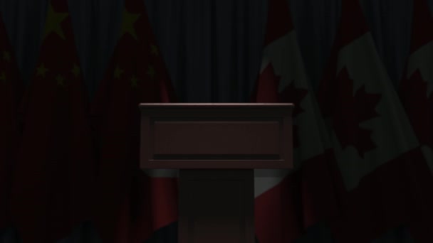 ธงของจีนและแคนาดาและผู้บรรยายทริบูน เหตุการณ์ทางการเมืองหรือการเจรจาที่เกี่ยวข้องกับการ์ตูน 3 มิติ — วีดีโอสต็อก