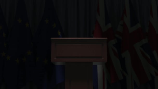 Flags of the EU and the United Kingdom and speaker podium tribune. Political event or negotiations related conceptual 3D animation — Stock Video