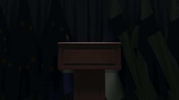 유럽 연합 (EU) 과 핀란드 (Finland) 의 국기와 대변인 포 디 언지. 정치적 이벤트나 협상은 개념적 3D 애니메이션 과 관련 이 있습니다. — 비디오