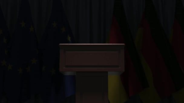 Drapeaux de l'UE et de l'Allemagne et tribune du podium des orateurs. Evénement politique ou négociations liées à l'animation 3D conceptuelle — Video