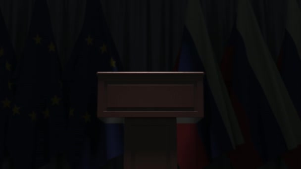 Bandeiras da UE e da Rússia e tribuno do pódio do orador. Evento político ou negociações relacionadas animação 3D conceitual — Vídeo de Stock