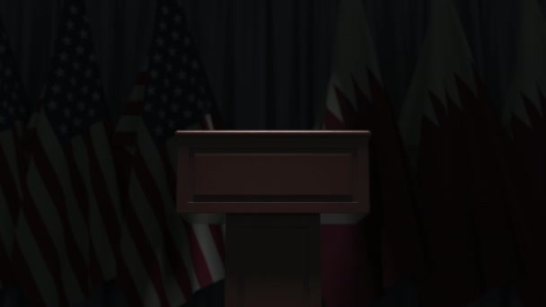 Drapeaux des États-Unis et du Qatar et tribune du podium des orateurs. Evénement politique ou négociations liées à l'animation 3D conceptuelle — Video