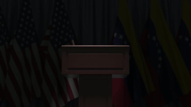 Прапори Уса і Венесуели і динамічний трибун подіуму. Політична подія або переговори пов'язують концептуальну 3D анімацію — стокове відео