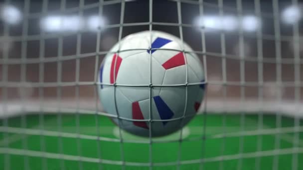 Futebol com bandeiras da França atinge gol líquido. Animação 3D em câmera lenta — Vídeo de Stock