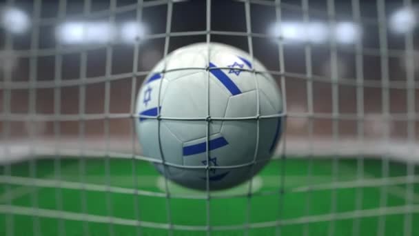 Fotboll med flaggor av Israel träffar målnät. Slow motion 3D-animering — Stockvideo