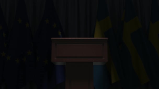 Banderas de la UE y Suecia y tribuna oradora del podio. Evento político o negociaciones relacionadas con la animación conceptual 3D — Vídeos de Stock