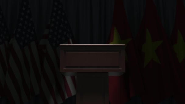 Flags of the USA and Vietnam and speaker podium tribune. Political event or negotiations related conceptual 3D animation — ストック動画