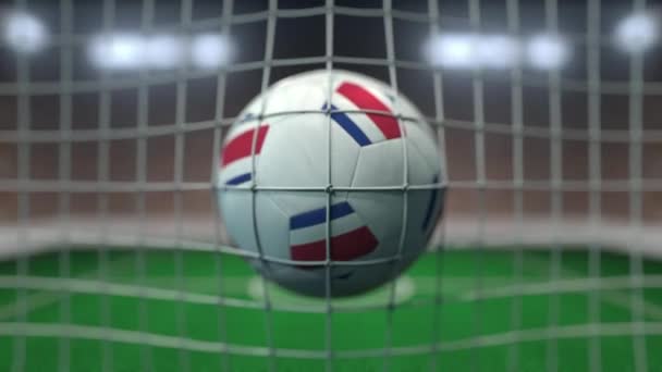 Football with flags of Costa Rica hits goal net. Slow motion 3D animation — Stock Video