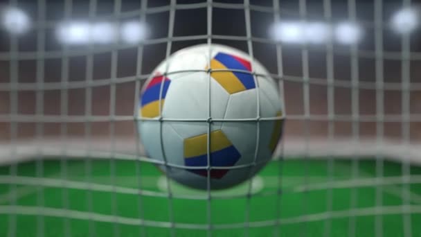 Football with flags of Armenia hits goal net. Slow motion 3D animation — Stock Video