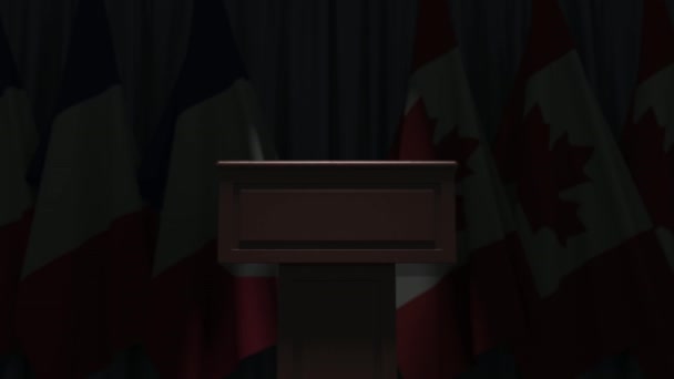 フランスとカナダの国旗とスピーカーのトリビューン。政治イベントや交渉関連の概念3Dアニメーション — ストック動画
