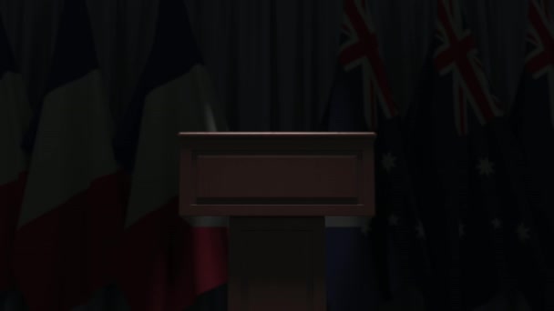 Banderas de Francia y Australia y tribuna altavoz podio. Evento político o negociaciones relacionadas con la animación conceptual 3D — Vídeos de Stock