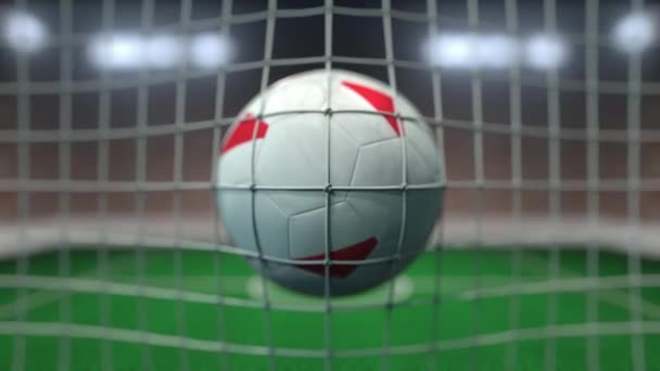 Fotboll med flaggor av Indonesien träffar mål nätet. Slow motion 3D-animering — Stockvideo