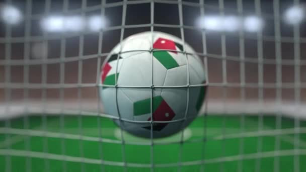 Calcio con bandiere di Giordania colpisce rete porta. Animazione 3D al rallentatore — Video Stock